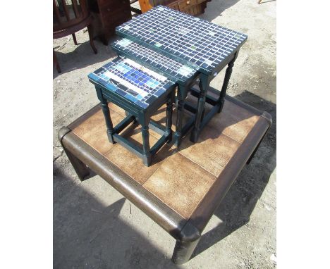C20th stained oak coffee table with inset tiled top D87cm x W87cm x H47cm, and a nest of three painted vintage coffee tables 