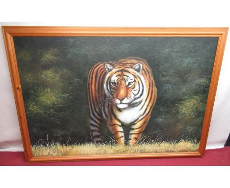 C20th textured print on canvas; Study of a Tiger, 64cm x 93cm 