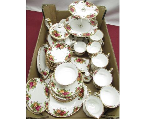 Comprehensive Royal Albert "Old Country Roses" tea service, for eight settings comprising teapot, two tier cake stand, side p
