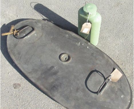 Vintage oval copper two handled foot warmer with key, W70cm H36cm, small vintage hot water bottle (2) 