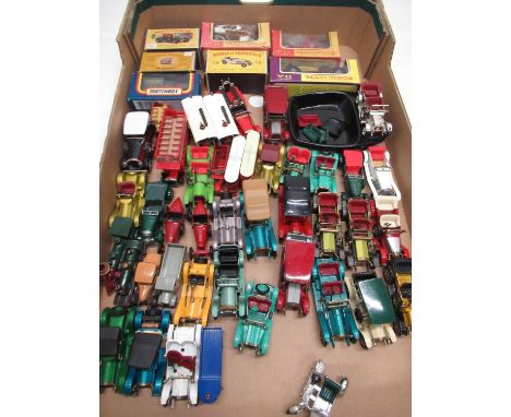 Collection of Matchbox models of Yesteryear diecast vehicles including Y-2 Renault, 3 E Class tramcar, Y-4 Opal Y-10 Mercedes