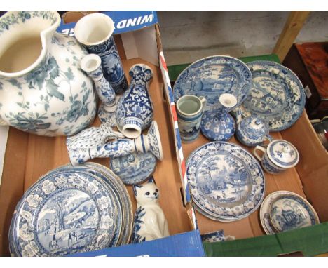 Collection of Victorian and later blue and white transfer print ware including Spode, modern Delft mug, Edwardian toilet jug,