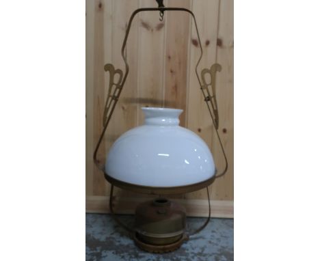 Brass railway platform style oil lamp with glass shade, H72cm 