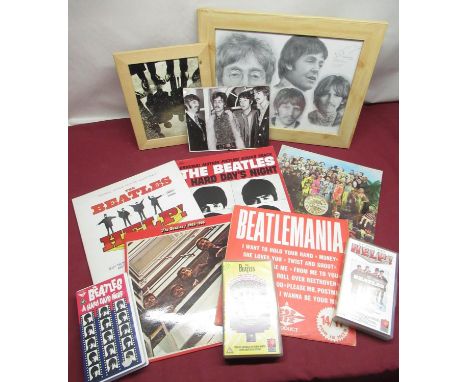 Selection of various Beatles items including Beatles print by Johnathan Wood, two framed Beatles photographs (copies), Beatle