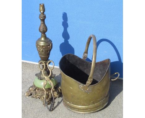 Rococo revival cast gilt metal table lamp, H53cm, brass coal helmet and pair of tongs (3) 