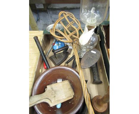 Vintage Cona tabletop Deluxe coffee percolator on stand, bamboo carpet beater, vintage hand mincer,  butter pats, cobblers la