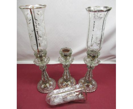 Late C19th glass candle lamp lustres painted in floral enamels with matching funnel shades (missing lustre drops, 1 shade dam