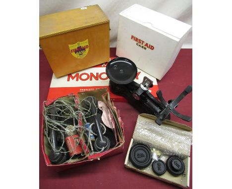Pair black painted Victorian style kitchen scales complete with weights, two First Aid boxes, arrow telephone set, Monopoly, 
