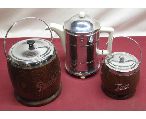 1930's Everhot hot water jug, in chrome plated thermally lined case, 1930's oak biscuit barrel with chrome plated lid and swi