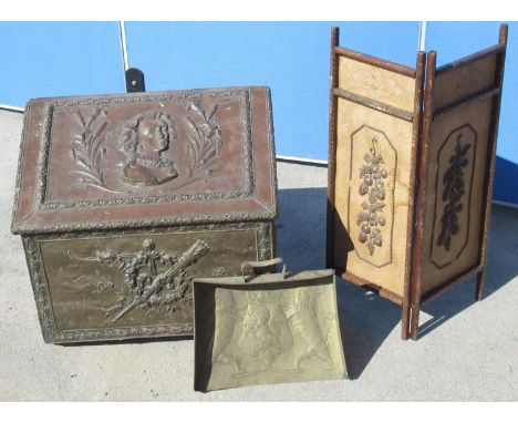 Large embossed brass covered coal box, slope top decorated with study of William Shakespeare, W60cm D36cm H53cm, vintage bras