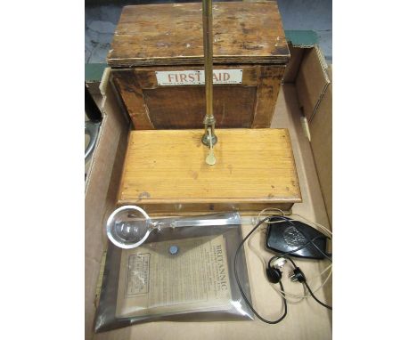 1950's stained beech First Aid box, W25.5cm D14.5cm H21cm, early C20th apothecary scale with glass pans and other vintage med