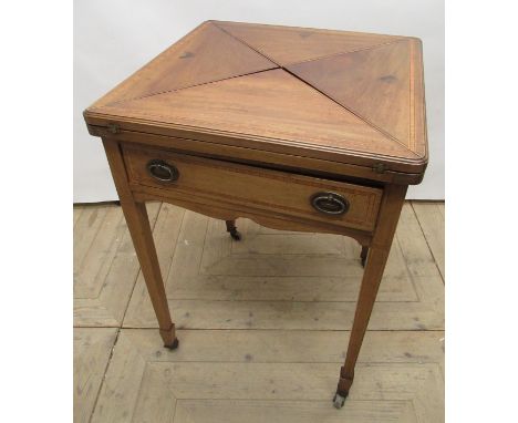 Edwardian satinwood banded mahogany envelope top card table, single drawer with brass oval handles, on square tapered support