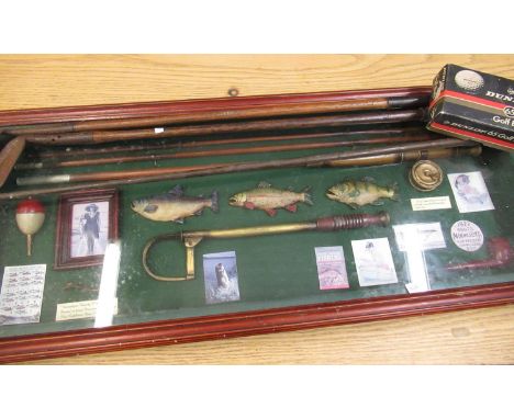 Two Hickory shafted golf irons, faux wooden shafted driver, six Dunlop 65 golf balls in original wrapping and box, fishing wa