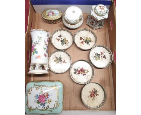 Small Dresden porcelain patch box and cover decorated with flowers, similar trumpet shaped vase, hexagonal ink well, set of s