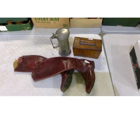 C19th sarcophagus mahogany tea caddy, large pewter ale jug and a pair of Italian leather ladies boots 