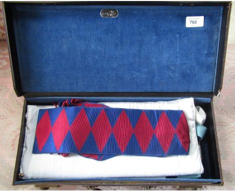 Freemasons leather case containing a craft apron, chapter apron and sash, white gloves, jewel and a Masonic Province of Yorks