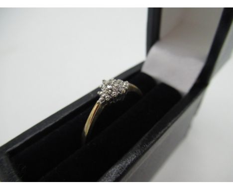 Hallmarked 9ct yellow gold diamond ring with cluster of  round cut, claw set diamonds, London, 375, DIA, Size O, 1.7g 