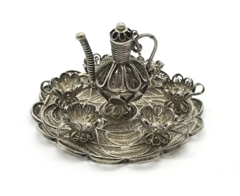 MINIATURE SILVER FILIGREE TEA SET INCLUDING TEAPOT SIX CUPS AND A TRAY