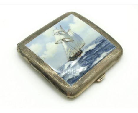 HALLMARKED SILVER AND ENAMEL CIGARETTE CASE SEASCAPEweight: 87g app.size: 8cm x 8.5cm