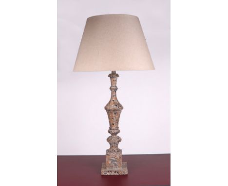 A distressed painted turned wooden table lamp, 66cms high.Condition ReportGood overall condition and lampshade clean