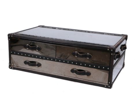 A Timothy Oulton Stonyhurst large mirrored coffee table in the form of a travel trunk with three storage drawers. 129 by 79 b