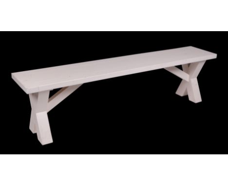 A modern design white painted bench, 175 by 34 by 48cms high.Condition ReportGeneral wear, the bench is structurally sound bu