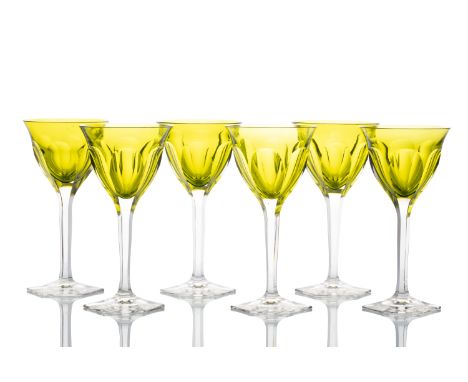 6 RED WINE GLASSES | Moser, Karlovy Vary, Carlsbad (Czech / Bohemian) | clear glass, ground. heap olive green | 19 cm | Bidde