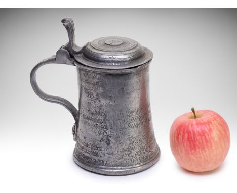 TIN TANKARD | Europe (17th century) | 17th century | pewter, on lid mongram MHP | 18 cm | Bidders are asked to inquire about 