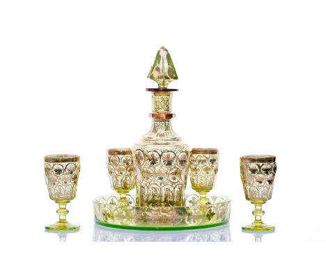 CARAFE AND 4 GLASSES | Harrachov (Czech / Bohemian around 1860) | around 1860 | uranium glass, ground, gold painting | 32 cm 