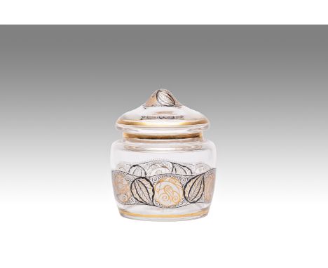 JAR WITH BIRD DECORATION | Steinschonau (Czech / Bohemian around 1920) | around 1920 | clear glass, black and gold painting o