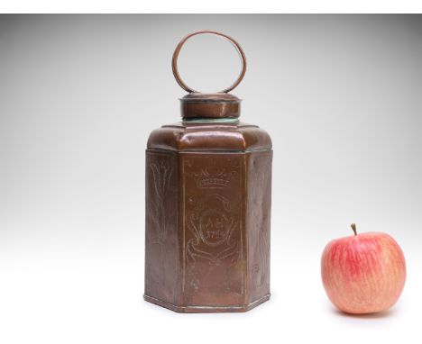COPPER SCHRAUBFLASCHE | Central Europe (1764) | 1764 | copper decorated with hammered decor, monogram A.H. and date 1764 | 26