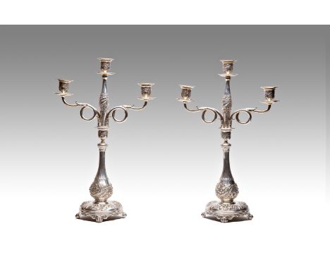 THREE-ARMED CANDLESTICKS | Tiffany &amp; Co. (America / American) | heavily silver plated metal. Richly plastically decorated