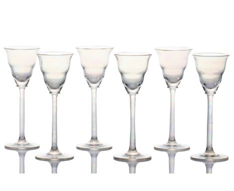6 LIQUEUR GLASSES IN THE STYLE OF JOSEF HOFFMANN | Austria Hungary | muslin glass with faint iris, designed by Josef Hoffmann