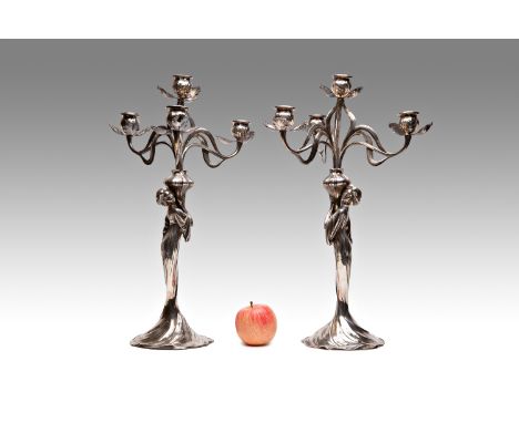 ART NOUVEAU PAIR OF CANDLESTICKS | WMF, Wurttembergische Metallwarenfabrik (Germany / German) | heavily silvered pewter, supp