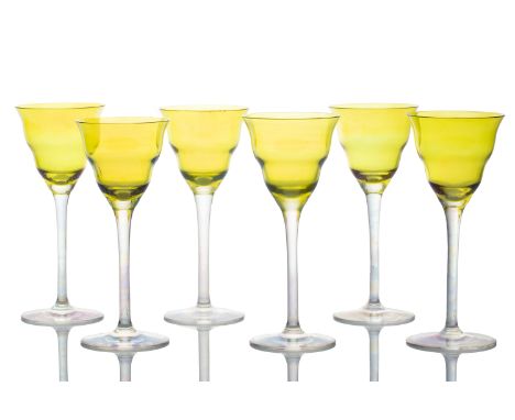 6 WINE GLASSES IN THE STYLE OF JOSEF HOFFMANN | Austria Hungary | clear glass with weak iris, yellow-green cumulus | 17 cm | 