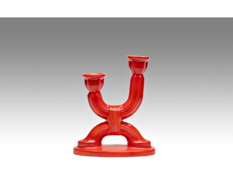 TWO-ARMED CANDLESTICK | Czechoslovakia (around 1925) | around 1925 | red glazed pottery, model number 11656. Probably made by