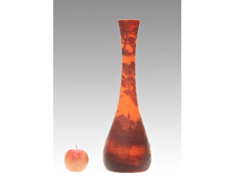 TALL VASE WITH A MOUNTAIN LANDSCAPE | Johann Loetz Witwe (Czech / Bohemian / Austrian 1920s) | 1920s | orange cameo glass, la