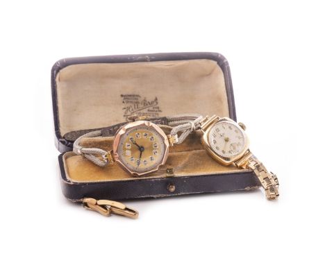TWO LADY'S MANUAL WIND WRIST WATCHES, one early twentieth century, with unsigned movement, gold coloured dial, with Arabic nu
