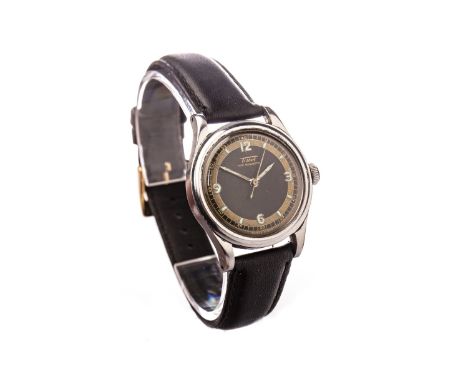 A GENTLEMAN'S TISSOT MILITARY WRIST WATCH, serial no. 1250396, circa 1943, the round black and gold coloured dial with Arabic