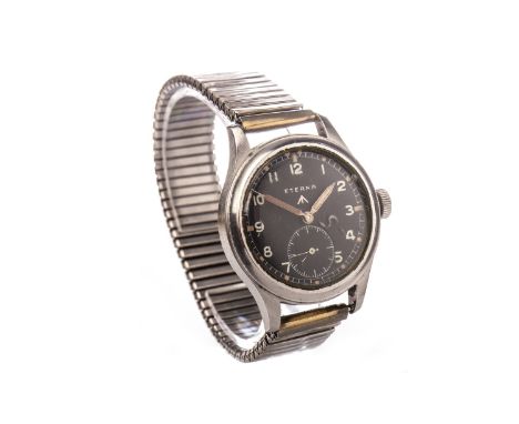 GENTLEMAN'S ETERNA MILITARY STAINLESS STEEL MANUAL WIND WRIST WATCH the round black dial with Arabic numerals in white, sunke
