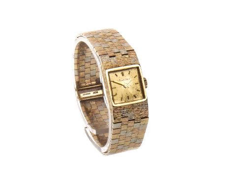LADY'S BEUCHE GIROD NINE CARAT GOLD MANUAL WIND WRIST WATCH, signed 17 jewel movement, the square dial with applied gold bato