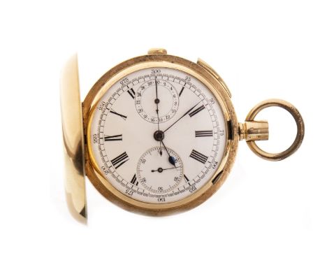 CONTINENTAL EIGHTEEN CARAT GOLD FULL HUNTER CHRONOGRAPH KEYLESS WIND POCKET WATCH, the round white dial with Roman numerals i