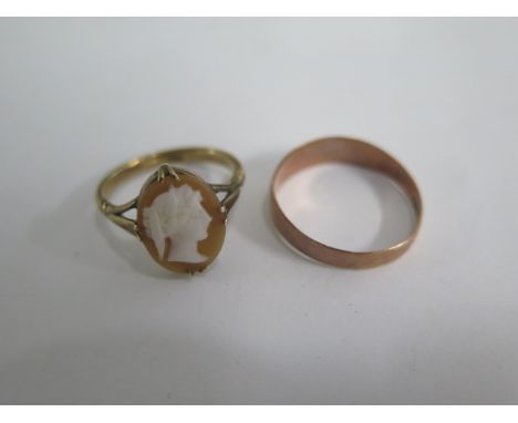 A 9ct gold band ring and a 9ct gold cameo ring, sizes P and L, approx 3.5 grams, some general wear to both 