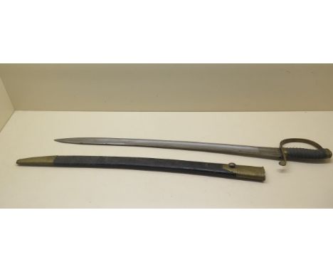 A brass hilted Police or Customs hanger sword with shagreen grip and leather scabbard, blade length 55cm, age related wear 