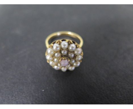An 18ct pearl cluster ring, 15mm head, approx 5 grams 