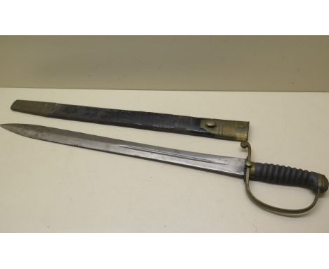 A brass hilted Police or Customs hanger sword with shagreen grip and leather scabbard, blade length 66cm, age related wear 