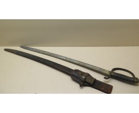 A brass hilted Police or Customs hanger sword with shagreen grip and leather scabbard, blade length 66cm, age related wear 