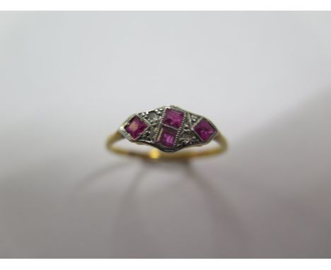 An 18ct yellow gold diamond and ruby ring, Size R, approx 1.9 grams, some small wear but generally good 