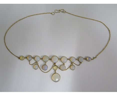 A gilt metal opal necklace, 38cm long, largest stone 10mm, in good condition 