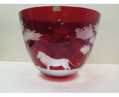 A Roland Ward ruby glass overlay etched bowl, 17cm tall x 22cm diameter, some small scratches mainly to base otherwise good, 